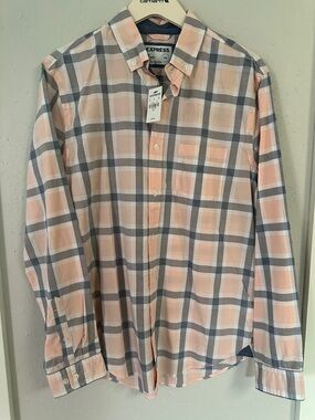 Express Men’s Peach & Gray Plaid Button-Down Shirt — Classic Fit